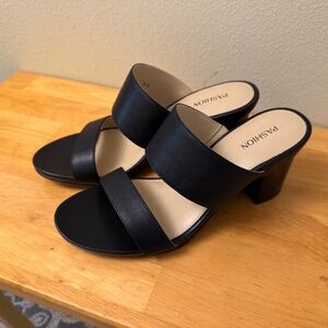 Pashion Black Slide Sandal, Coal Leather, 3” block heals, size 9.5. NIB